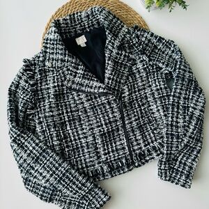 A New Day Womens Tweed Knit Moto Jacket Size S Black White Side Zip Crop